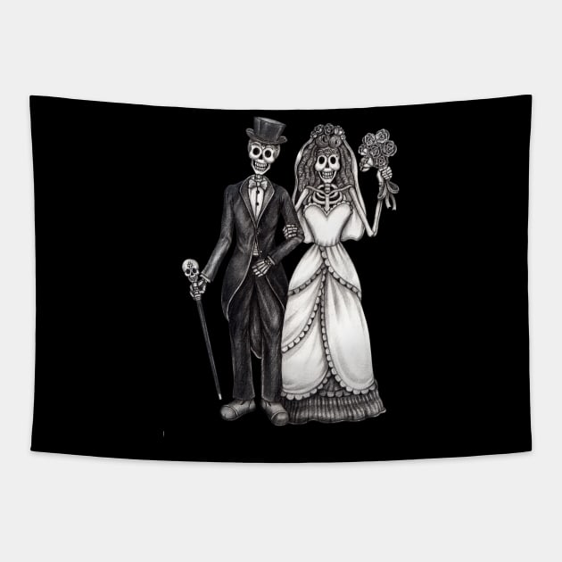 Sugar skull couple wedding celebration day of the dead. Tapestry by Jiewsurreal