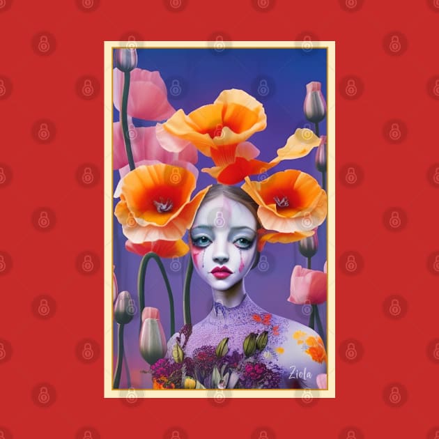 Floral art deco poppy flower painting of a girl in the Pop Surrealism style by ZiolaRosa