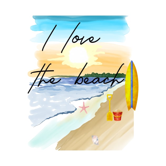 I LOVE THE BEACH - WATERCOLOR RETRO SURFBOARD DESIGN by BEAUTIFUL WORDSMITH