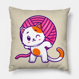 Cute Cat Bring Yarn Ball Cartoon Pillow