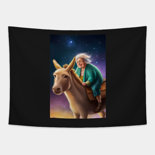 Old Woman Riding a Donkey Under Stary Skies Greeting Card Tapestry by JohnCorney