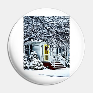 House With Yellow Door in Winter Pin