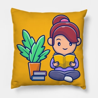 Cute girl reading book cartoon Pillow