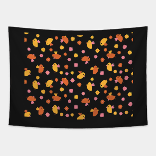 Cute Orange Yellow Pink Birds and Flowers Tapestry