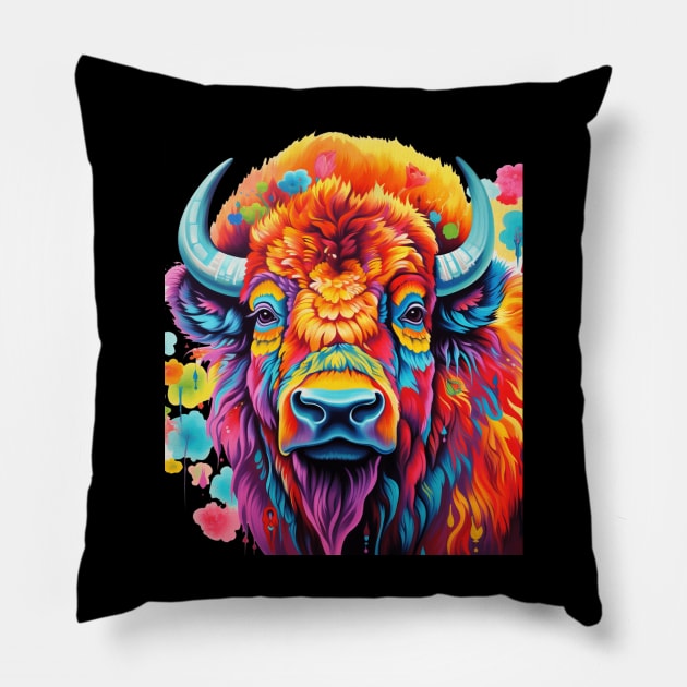 Bison Colorful American Bison Pillow by Ross Holbrook