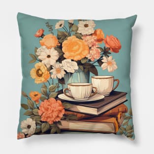 Books flowers and tea Pillow