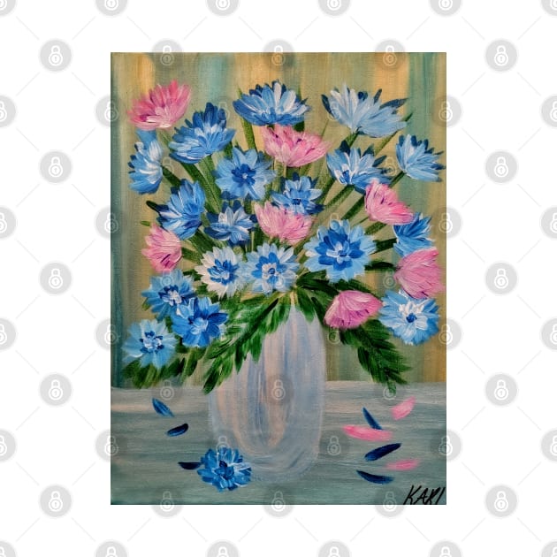 vibrant pink and blue bouquet of flowers in a silver and gold vase by kkartwork