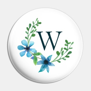 Floral Monogram W Pretty Blue Flowers Pin