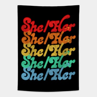 She / Her Pronouns - Retro Style Rainbow Design Tapestry