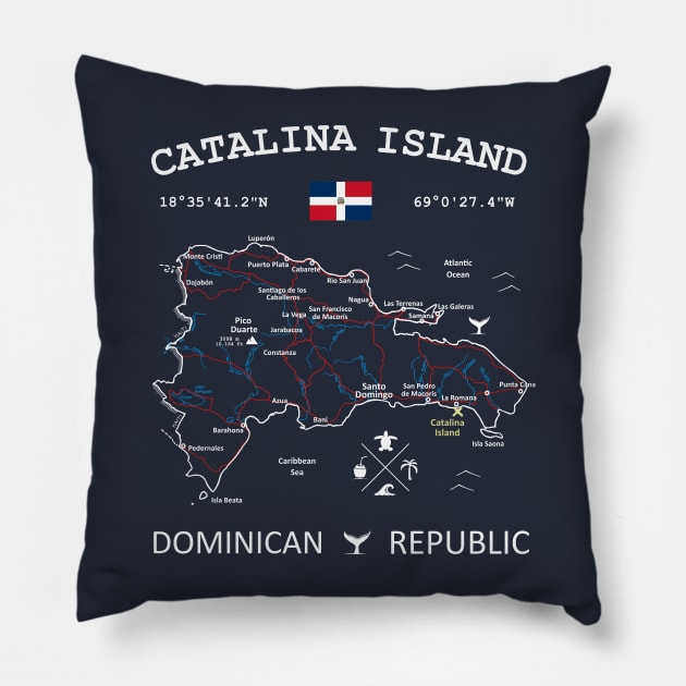 Catalina Island Dominican Republic Flag Travel Map Coordinates GPS Pillow by French Salsa