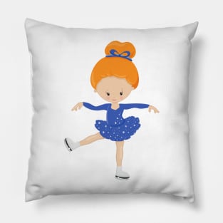 Figure Skating, Ice Skating Girl, Orange Hair Pillow