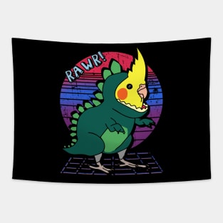 Aesthetic Vaporwave Cockatiel Dinosaur Doodle Tapestry