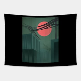 Сity with red sun Tapestry