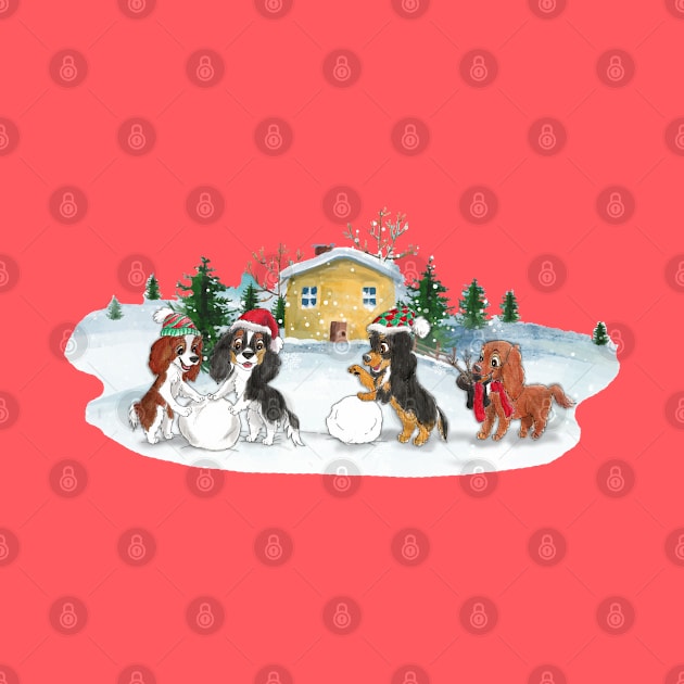 Cavalier King Charles Spaniels in the Snow Building a Snowman by Cavalier Gifts