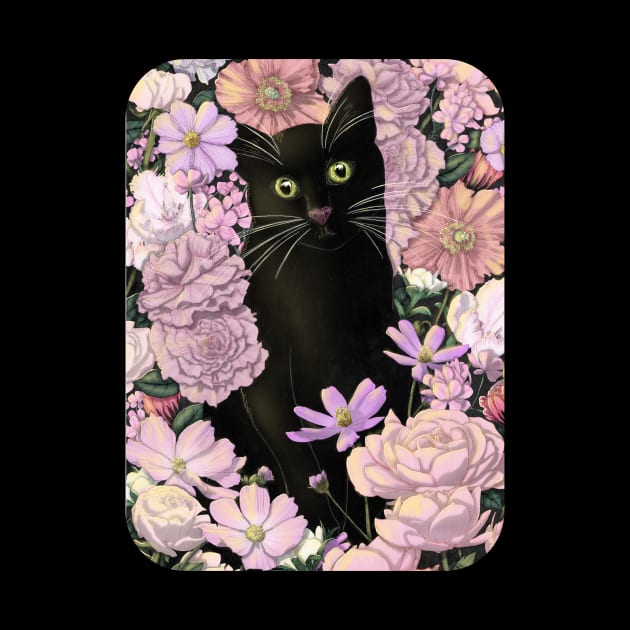 Little Black Garden Cat - Pink Flowers by ECMazur