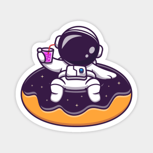 Cute Astronaut Floating On Space Donut Balloon Cartoon Magnet