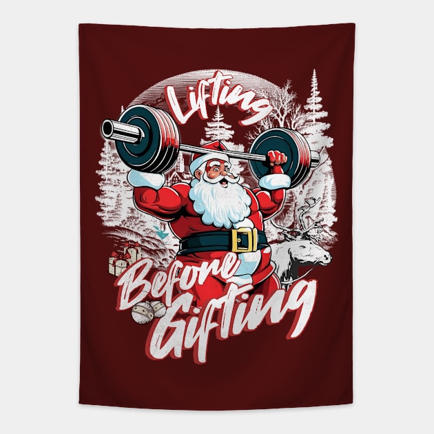 Lifting Before Gifting Santa Weightlift a Gym Bodybuilding Tapestry by alcoshirts