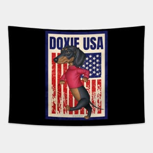 Doxie red white blue patriotic Black Dachshund Walking USA Tapestry