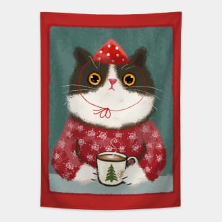 Christmas Coffee Cat Tapestry