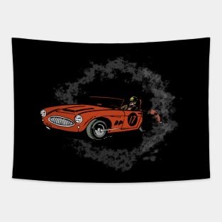 Race car coming out of dust Tapestry