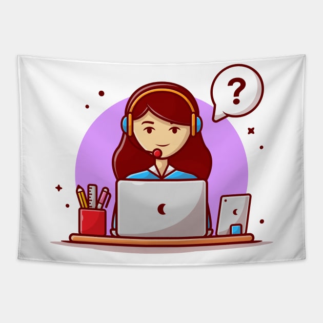 Woman customer service working on laptop with headphone Tapestry by Catalyst Labs