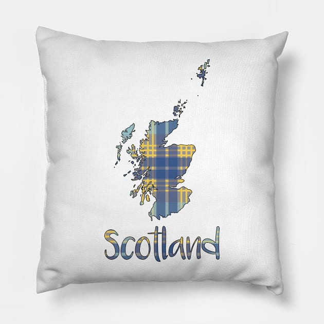 Scotland Blue and Yellow Tartan Map Typography Design Pillow by MacPean