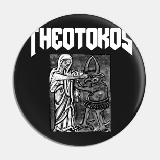 Theotokos Mary Punching The Devil Doom Parody Pin