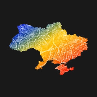 Colorful mandala art map of Ukraine with text in blue, yellow, and red T-Shirt
