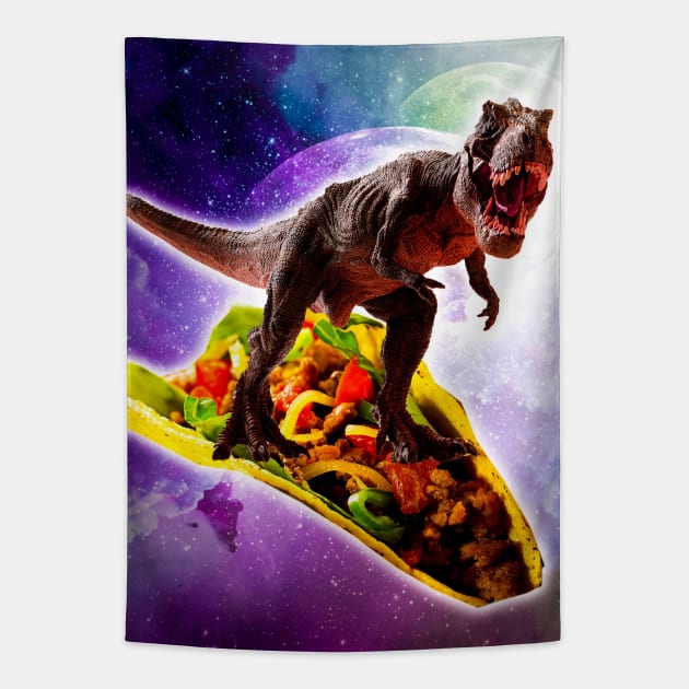 Tyrannosaurus Rex Dinosaur Riding Taco In Space Tapestry by Random Galaxy