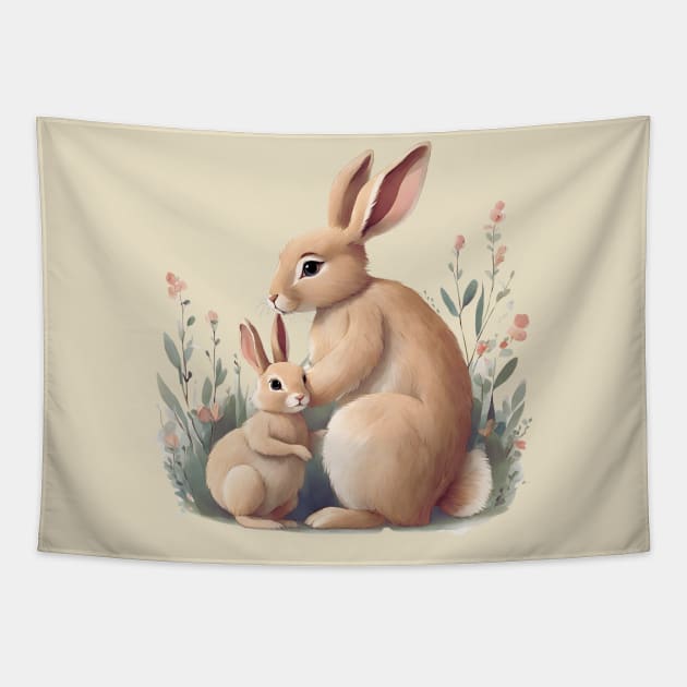 Rabbit, Cute Animal, Mom and Baby, Mothers Day Gift Tapestry by Peacock-Design