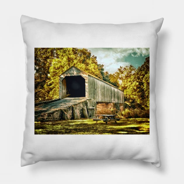 Covered Bridge Fall Scene Pillow by JimDeFazioPhotography