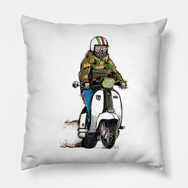 Retro Scooter, Classic Scooter, Scooterist, Scootering, Scooter Rider, Mod Art Pillow by Scooter Portraits