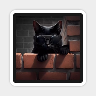 Black Cat with sunglasses sitting on brick wall sticker Magnet