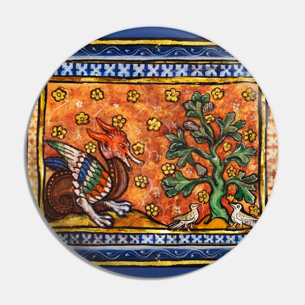 MEDIEVAL BESTIARY,DRAGON,TREE OF LIFE AND BIRDS ,Gold Blue Orange  Floral Pin by BulganLumini