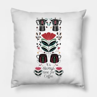 Coffee Lovers Folk Art Illustration // Hand Drawn Espresso Pot, Mugs, Sentiment Pillow