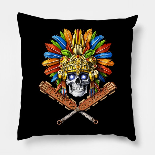 Aztec Skull Warrior Pillow by underheaven