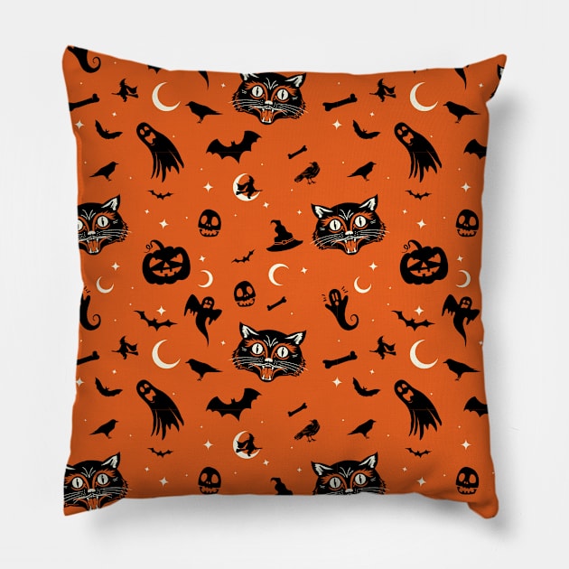 Black Cat Halloween Design Pattern Pillow by Strangeology