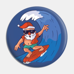 Fun & Colorful Surfing Santa with Giant Pipeline Wave Pin