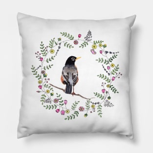 American Robin with whimsical flower wreath Pillow