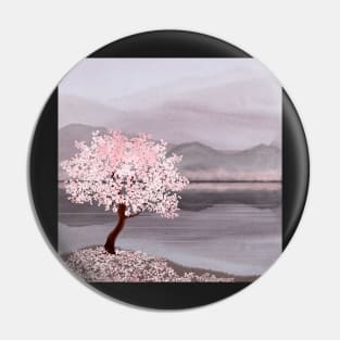 Cherry blossom tree on mountain and water landscape watercolor illustration Spring Japanese scenery Pin