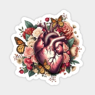 Anantomy Heart watercolor, floral human heart illustration art, flowers, roses, butterflies and floral anatomy art Magnet