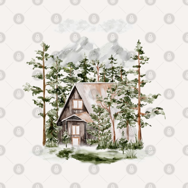 Watercolor Cabin in The Evergreen Forest by the nature buff