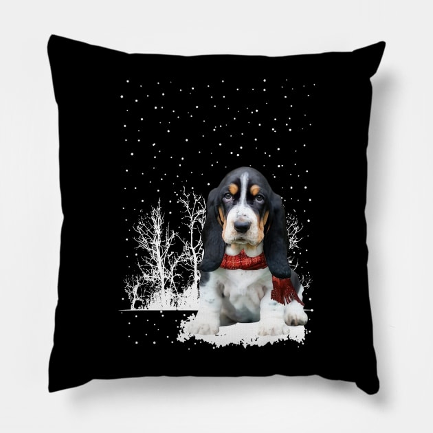 Christmas Basset Hound With Scarf In Winter Forest Pillow by SuperMama1650