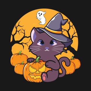 Halloween Cute Cat Pumpkin Witch Hat T-Shirt