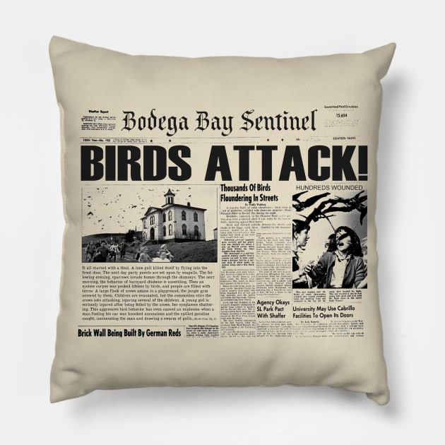 The Birds Newspaper Pillow by MonkeyKing