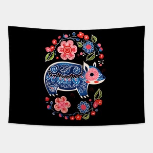 Polish Folk Art Design Cute Pig With Flowers Tapestry