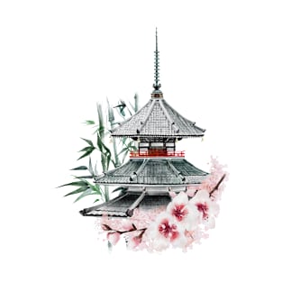 Japanese Painting of Beautiful Pagoda among Cherry Blossoms and Bamboo T-Shirt