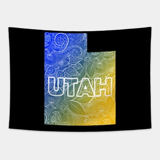 Colorful mandala art map of Utah with text in blue and yellow Tapestry