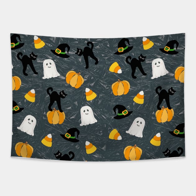 Cute Halloween Black Cat Pumpkin Ghost Witch Hat on Grey Crackle Tapestry by NaturalDesign