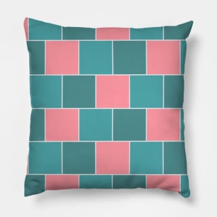 Green and Pink Square Tiles in a Geometric Pattern Pillow